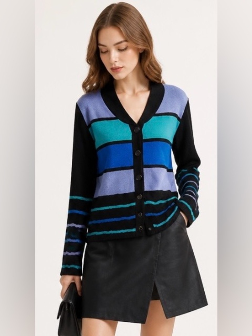 MITA Cardigan Sweater Krinkle Spun Acrylic Striped Button Tunic V Neck Classic 8